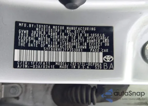 2015 Toyota Corolla L from USA, damaged, VIN 5YFBURHE2FP353081